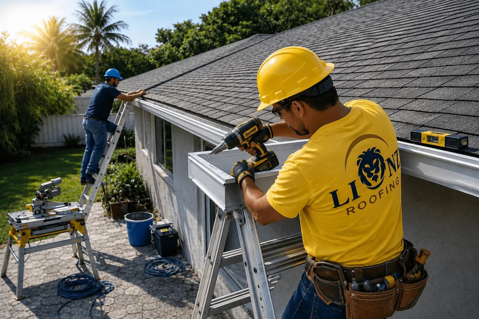 Lionz Roofing crew installing gutter system on residential roof